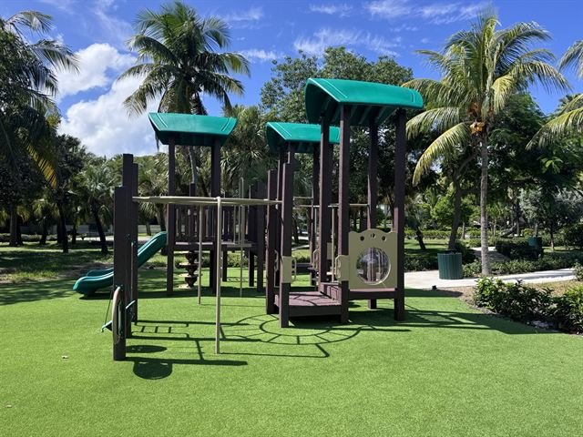 Playground structure surrounded by mature palm trees at a Florida community.